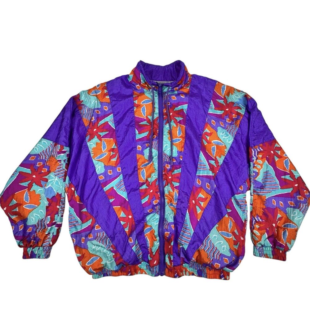 Vintage 80s Womens Track Jacket Medium Purple Colorful Windbreaker Floral Stripe